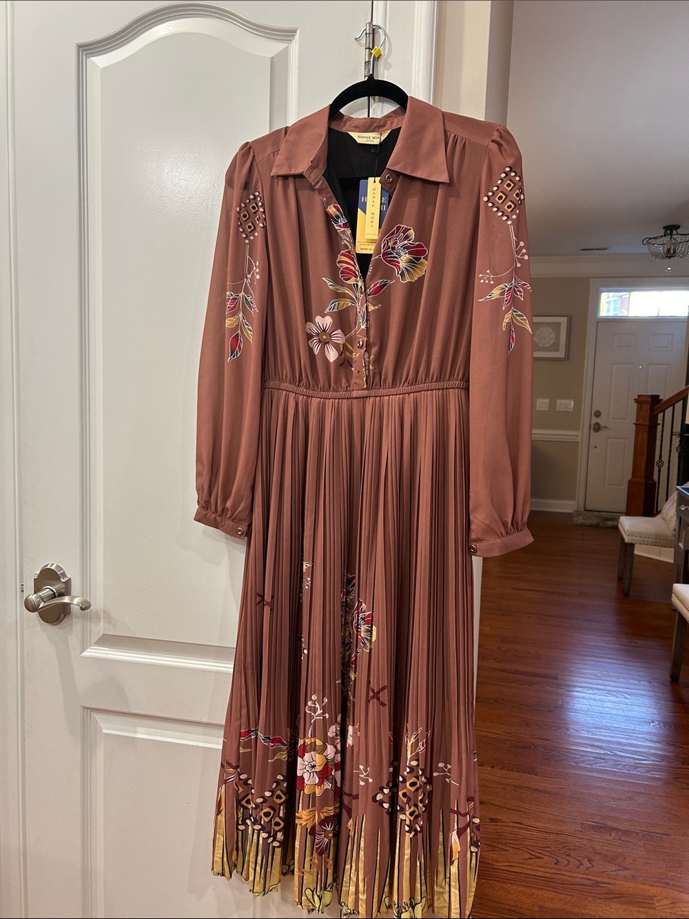 Isabel Marant Rust Floral Pleated Long-Sleeve Midi Dress